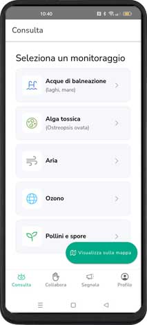 APP ARPAT - Schermata per la selezione dei monitoraggi