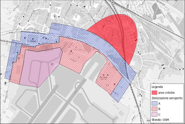 Mappa della zona di Pisa dove è attualmente superato il valore di 60 dB(A) per l’indice LVA