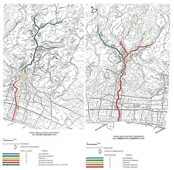 Carte della qualità biologica del F. Frigido (a sinistra) e del Torrente Carrione (a destra) relative al monitoraggio eseguito nel 1982