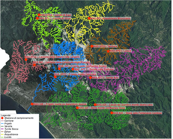 Mappa delle stazioni di monitoraggio biologico nell’ambito del Progetto Cave