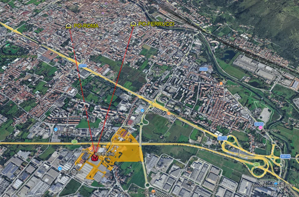 mappa dell'area di ricaduta dell'incendio