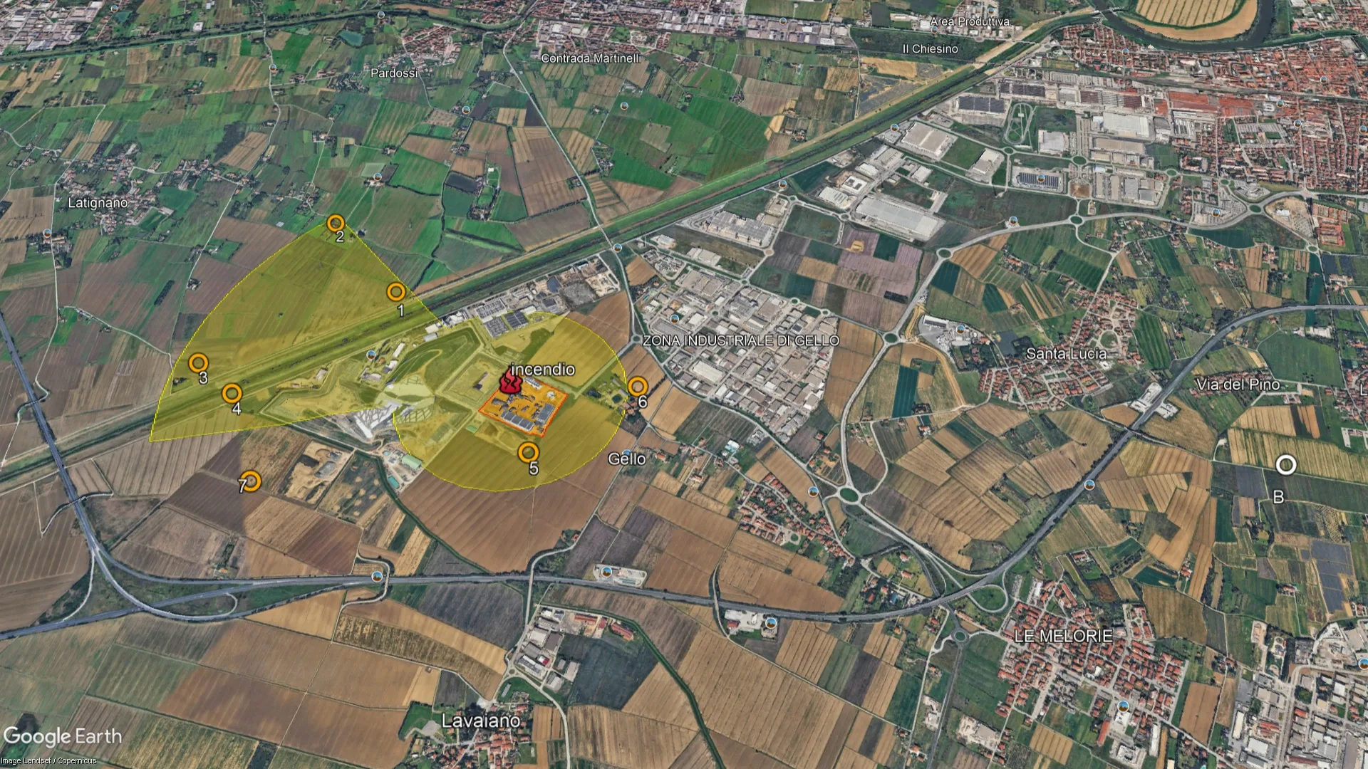 Incendio presso Eco Acciai a Pontedera: la mappa dei campionamenti sui vegetali