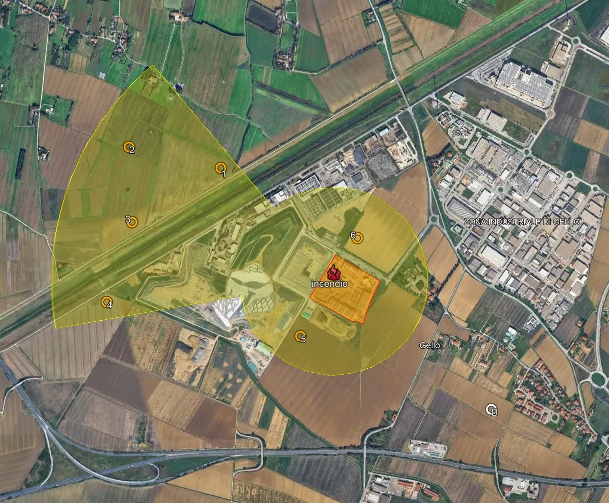 In giallo le aree di massima ricaduta