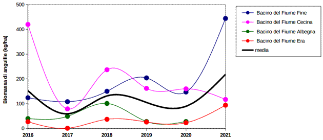 Anguille: biomassa, abbondanza e peso medio – anni 2013-2021