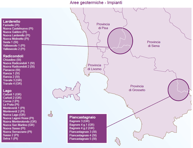 Mappa degli impianti geotermici in Toscana