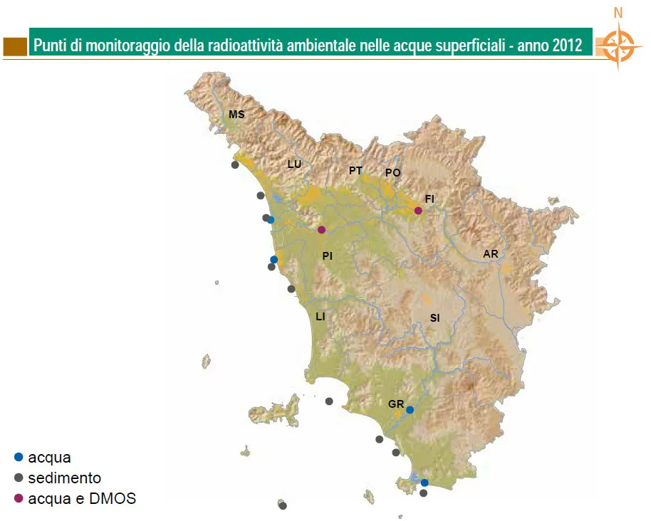Mappa dei punti di monitoraggio della radioattivita ambientale nelle acque superficiali – anno 2012