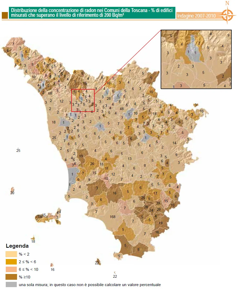 Mappa della concentrazione di radon nei Comuni della Toscana – anni 2007-2010