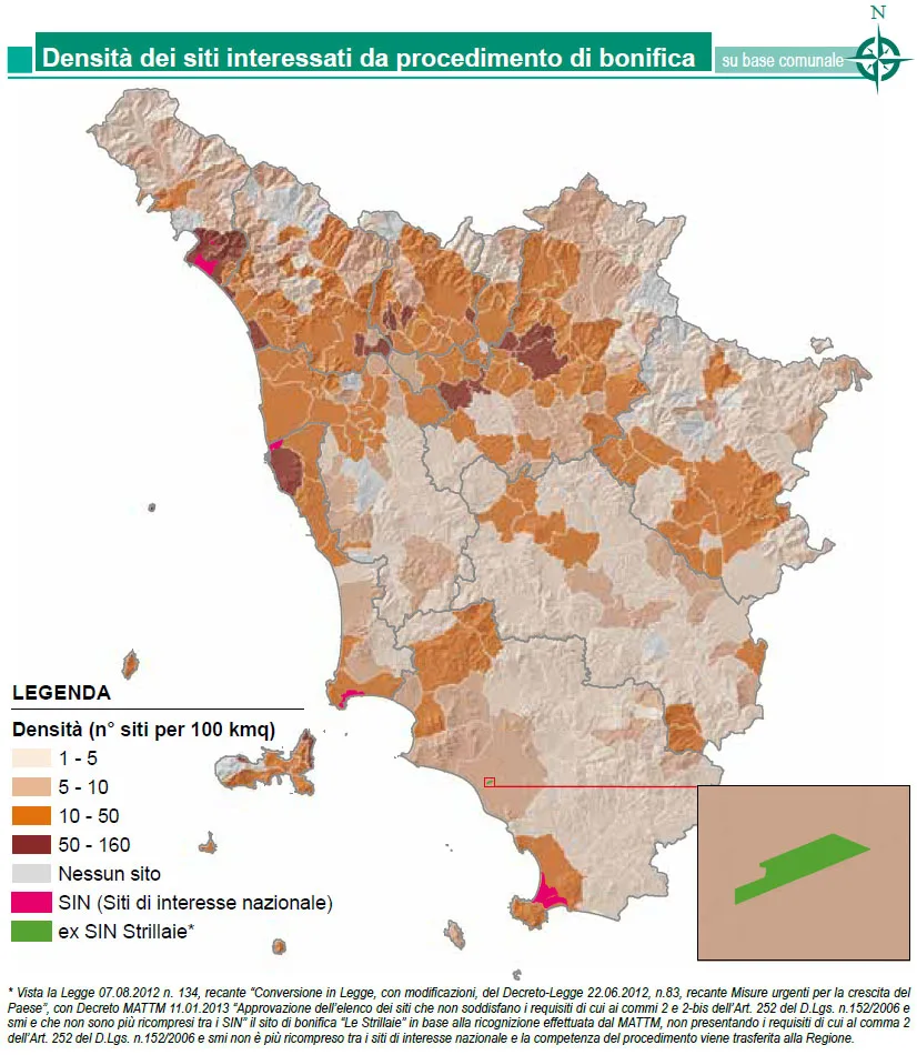 Mappa della densità dei siti interessati da procedimento di bonifica – anni 2012-2013