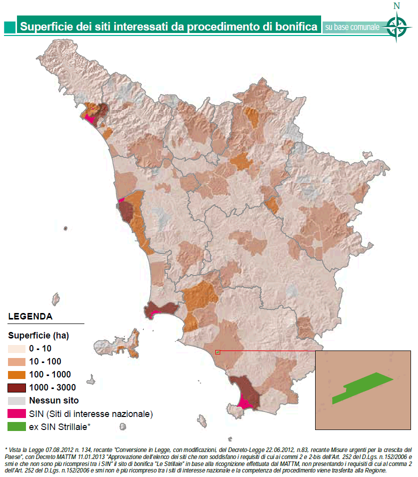 Mappa della superficie dei siti interessati da procedimento di bonifica – anni 2012-2013