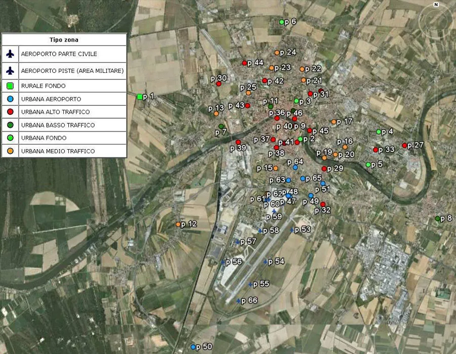 Mappa (Google Earth) dell’impatto dell’aeroporto di Pisa sulla qualità dell’aria – anno 2013