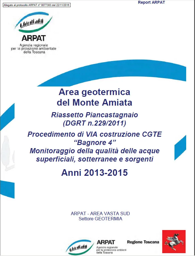 Area geotermica del Monte Amiata – Monitoraggio della qualità delle acque superficiali, sotterranee e sorgenti – Anni 2013-2015