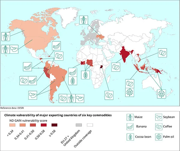 vulnerabilità climatica dei principali paesi esportatori di sei materie prime chiave