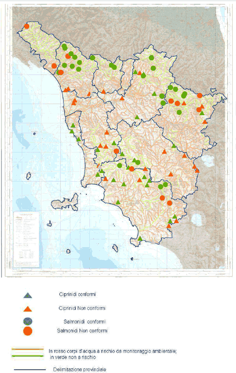 Mappa classificazione delle acque a salmonidi e ciprinidi della Toscana - anno 2013