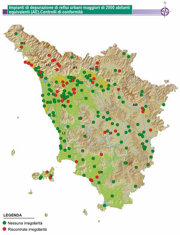 Mappa dei controlli agli impianti di depurazione di reflui urbani maggiori di 2000 abitanti equivalenti (AE) - anno 2012