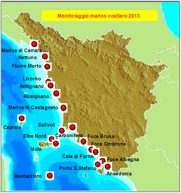 Mappa del monitoraggio marino costiero in Toscana - anno 2013