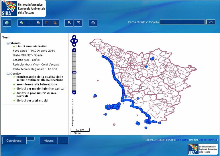 Mappa delle aree di balneazione della costa toscana