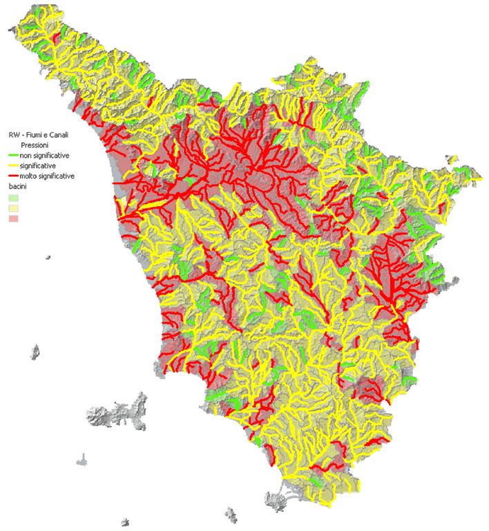 Mappa delle pressioni e degli impatti su fiumi e canali della Toscana - anno 2014