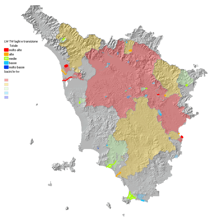Mappa delle pressioni e degli impatti su laghi e acque di transizione della Toscana - anno 2014