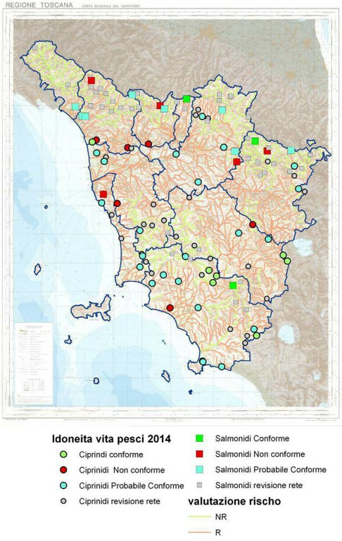 Mappa idoneità alla vita dei pesci delle acque superficiali della Toscana - anno 2014