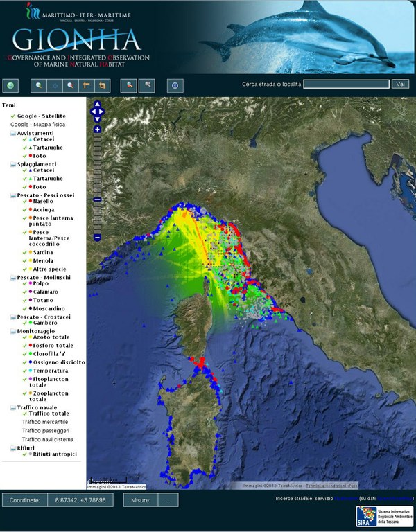 Progetto GIONHA - mappa dei monitoraggi marino-costieri