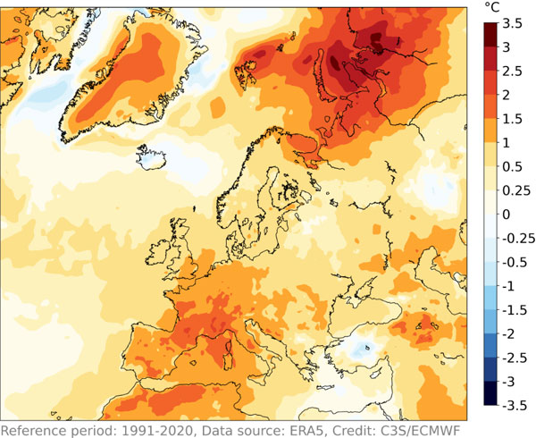 media temperature Europa nel periodo di riferimento 1991-2020