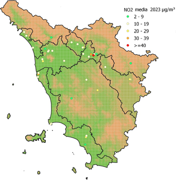 mappa delle concentrazioni medie di NO2 registrate nel 2023