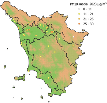 mappa delle concentrazioni medie di PM10 registrate nel 2023