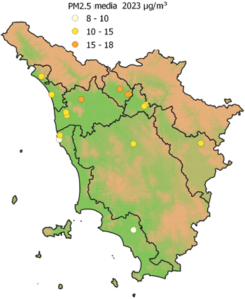 mappa delle concentrazioni medie di PM2.5 registrate nel 2023