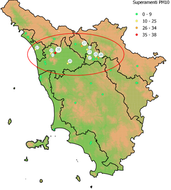 mappa del numero di superamenti di PM10 registrati nel 2023